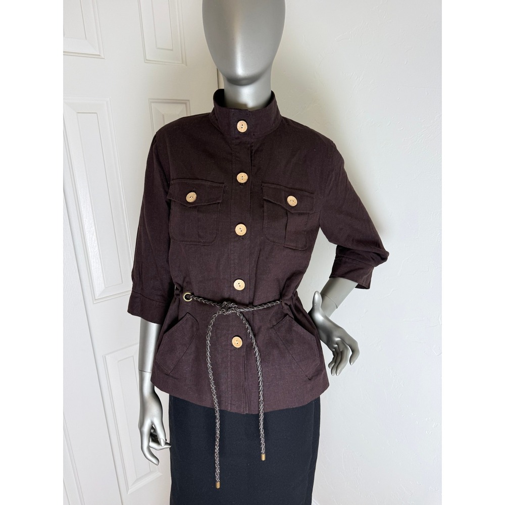 Investments Petites Brown Linen Blend Safari Utility Jacket 4P Belted
